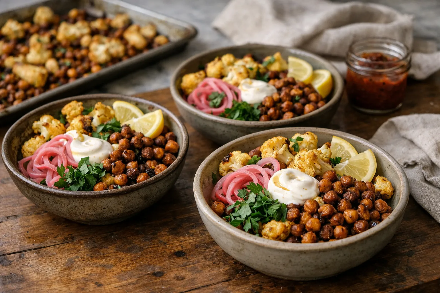 Crispy Sheet‑Pan Harissa Chickpea & Za'atar Cauliflower Bowls