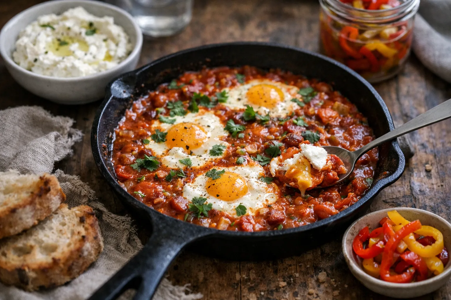 30-Min Shakshuka with Whipped Feta & Quick-Pickled Peppers