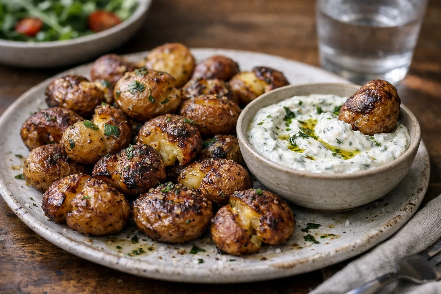Crispy Twice-Roasted Baby Potatoes with Herbed Yogurt Dip - Weeknight