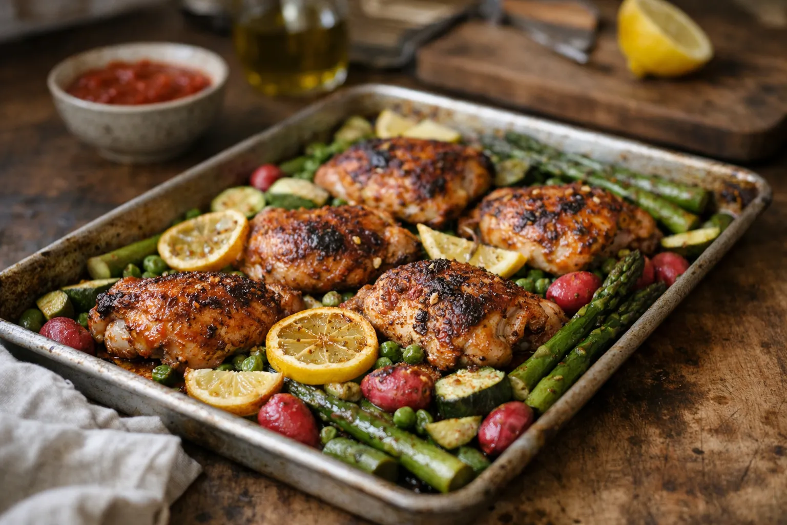 30-Min Sheet-Pan Harissa-Lemon Chicken Thighs with Spring Veggies
