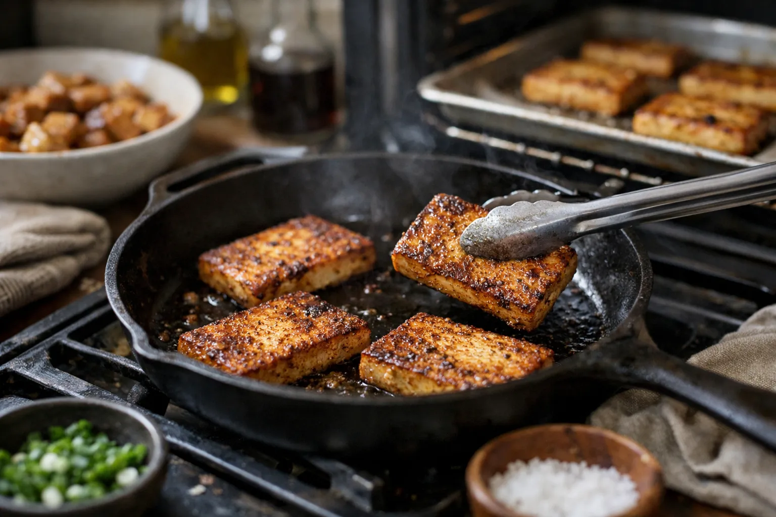 Crispy Pan-Seared Tofu Steaks: Press, Marinate, Stovetop & Oven
